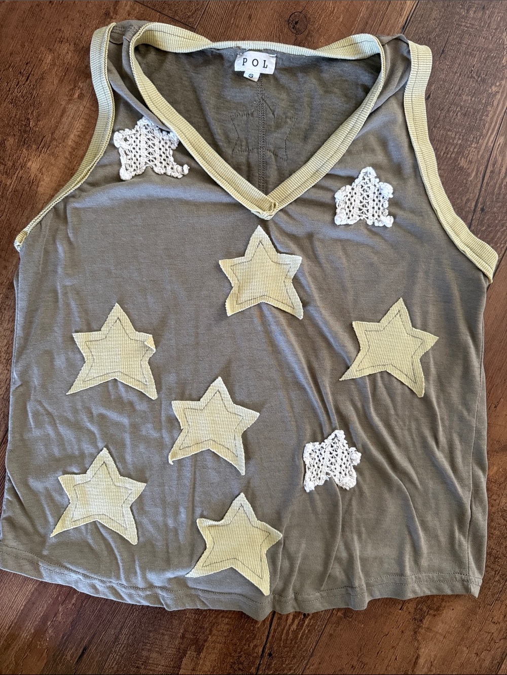 POL Olive Tank Top with Cream Star Appliqués